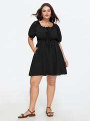 Adjustable Drawstring Tie Front Plain Mini Dress