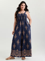 Geometric Print Waist-Defining Shirred Jumpsuit