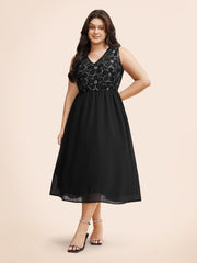 V Neck Sequin Floral Patchwork Dress