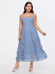 Ruffled Sides Shirred Flowy Midi Dress