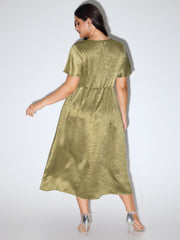 Shimmery Flared Sleeve V-Neck Midi Party Dress