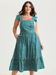 Vibrant Floral Print Open-Back Midi Dress
