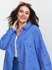 Cotton Floral Embroidered Striped Button-Down Shirt