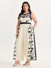 Color Contrast Floral Print Back-Tie Jumpsuit
