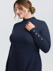 Mock Neck Waist-Defining Button Midi Dress