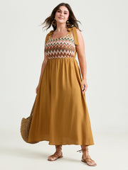 Colorful Wavy Print Shoulder Tie Maxi Dress