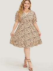 Leopard Print Puff Sleeve Pocket Wrap Ruffle Trim Dress