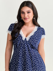 Polka Dots Lace Deep Neckline Midi Dress