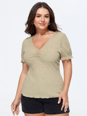 Stretchy Ribbed Ruched Plain T-Shirt