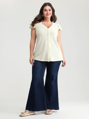 Textured Button Detail Ruffled Sleeve T-Shirt