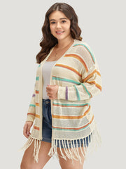 Rainbow Striped Fringe Trim Open Front Cardigan