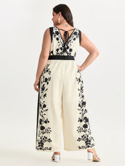 Color Contrast Floral Print Back-Tie Jumpsuit