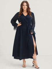 Solid Button Split Pocket Wrap Lantern Sleeve Ruffles Hem Dress