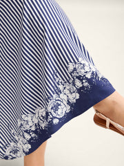 Stripes Cinched-Waist Floral Hem Midi Dress