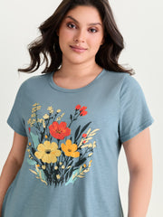 Floral Print Round Neck Textured T-Shirt