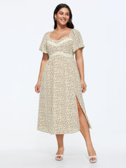 Ditsy Floral Print Sweetheart Lace Neckline Midi Dress