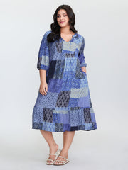Floral Collage Pattern Drawstring Neckline Mini Dress