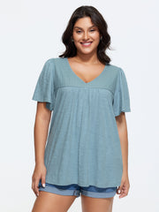 Cotton Ruffled Sleeve V-Neck T-Shirt