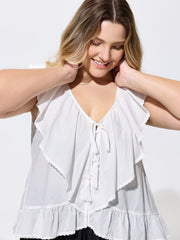 Cotton Ruffled Edges Tassel Plain Blouse