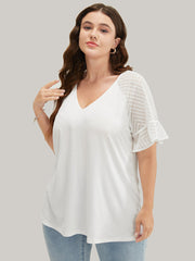 Plain Geometric Mesh Raglan Sleeve Ruffle Trim T-shirt