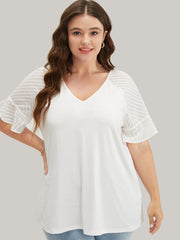 Plain Geometric Mesh Raglan Sleeve Ruffle Trim T-shirt