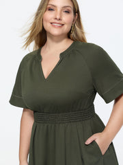 Classic Notched Collar Shirred Midi Dress