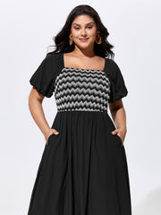 Wavy Color Contrast Square Neckline Midi Dress