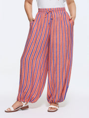 Striped Print Cuffed Hem Drawstring Pants