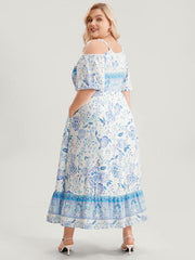 Off Shoulder Tie Neck Floral Print Midi Dress