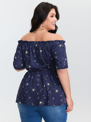 Starry Print Shirred Off-Shoulder Blouse