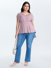 V-Neck Pleated Plain Knit Top