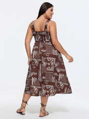 Geometric Print Shirred Overall Straps Midi Dress