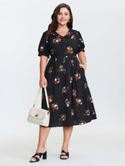 Retro Floral Print Cinched-Waist Midi Dress