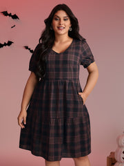 Cotton Retro Plaid Print Tiered Stretchy Mini Dress