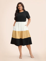 Contrast Belted Pocket Layered Hem Dolman Sleeve Dress