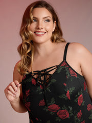 Midnight Rose Print Neck-Ties Cami Nightgown