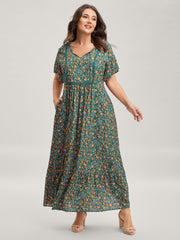 Rayon Floral Print Neck Tie Pockets Maxi Dress