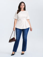 Cinched-Waist Ruched Plain Knit Top