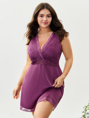Satin Sheer Lace Surplice Neckline Nightgown