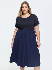 Half Button Placket Round Neck Midi Dress