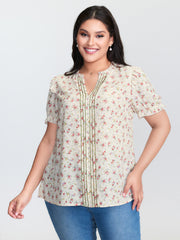 Floral Print Shirred Cuff Sleeve Contrast Blouse