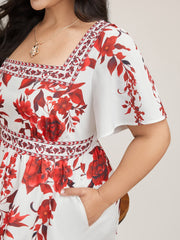 Bohemian Floral Print Stretchy Waist Midi Dress