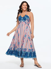 Geometric Print Halter Neckline Shirred Midi Dress