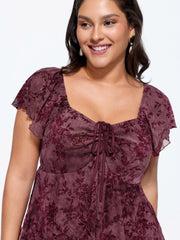 Floral Print Mesh Ruched Knit Top
