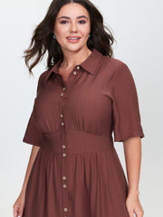 Triangular Waist Button Detail Shirred Maxi Dress