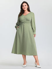 Pleated Waist Deep V-Neck Midi Dress