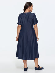 Supersoft Cinched-Waist Pockets Seamed Faux Denim Midi Dress