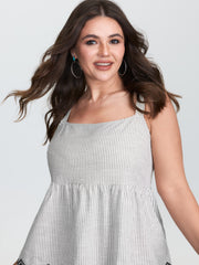 Cotton Linen Striped Embroidered Fringe Hem Tank Top