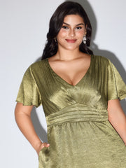 Shimmery Flared Sleeve V-Neck Midi Party Dress
