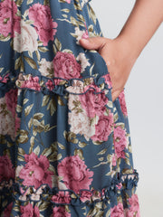 Floral Print Mesh Ruffled Maxi Dress